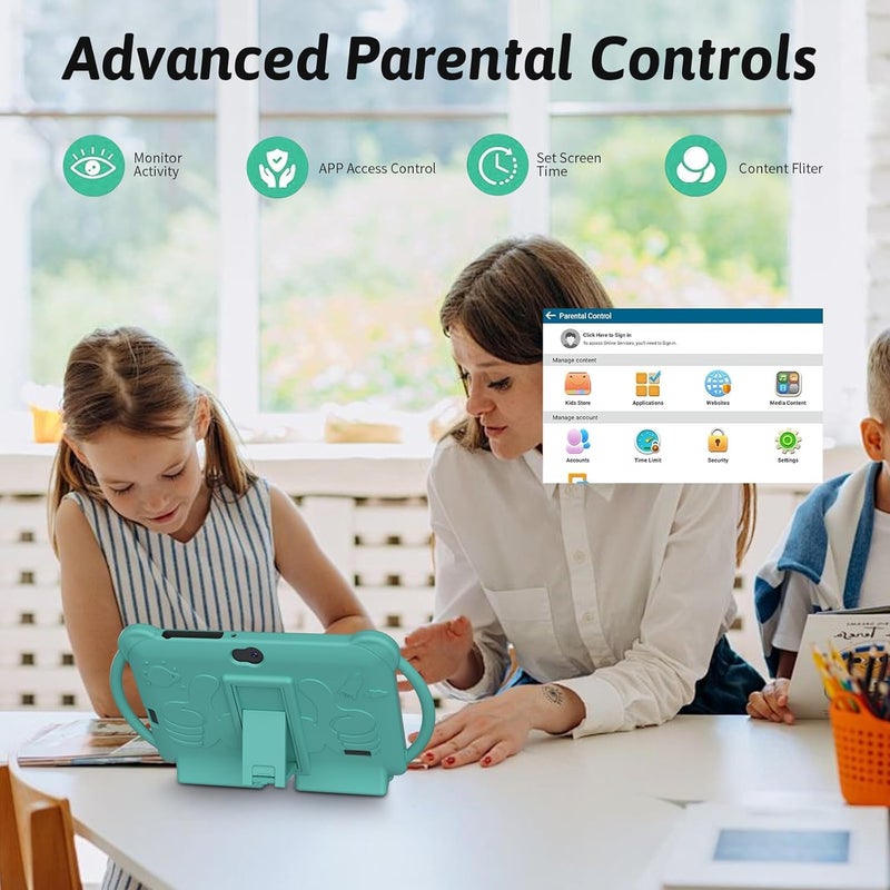 HOTTABLET Kids Tablet 7 inch Android 12, 4GB RAM 32GB ROM, 512GB Expandsion, with Parental Control, WiFi, Bluetooth, Dual Camera with Silicone Case, 1PCS(Green) - Image 4